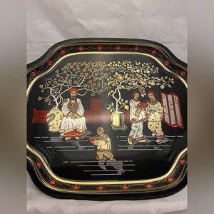 Vintage English Chinoiserie Metal Serving Tray MTM Elite 16x13 Black Gold Red